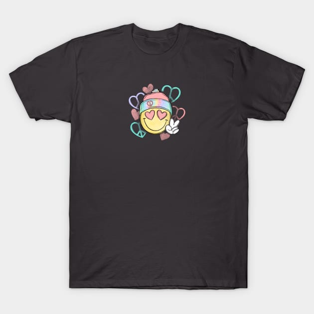 Smiley Face Hearts Peace Love Happiness Hippie T-Shirt by Funny Stuff Club